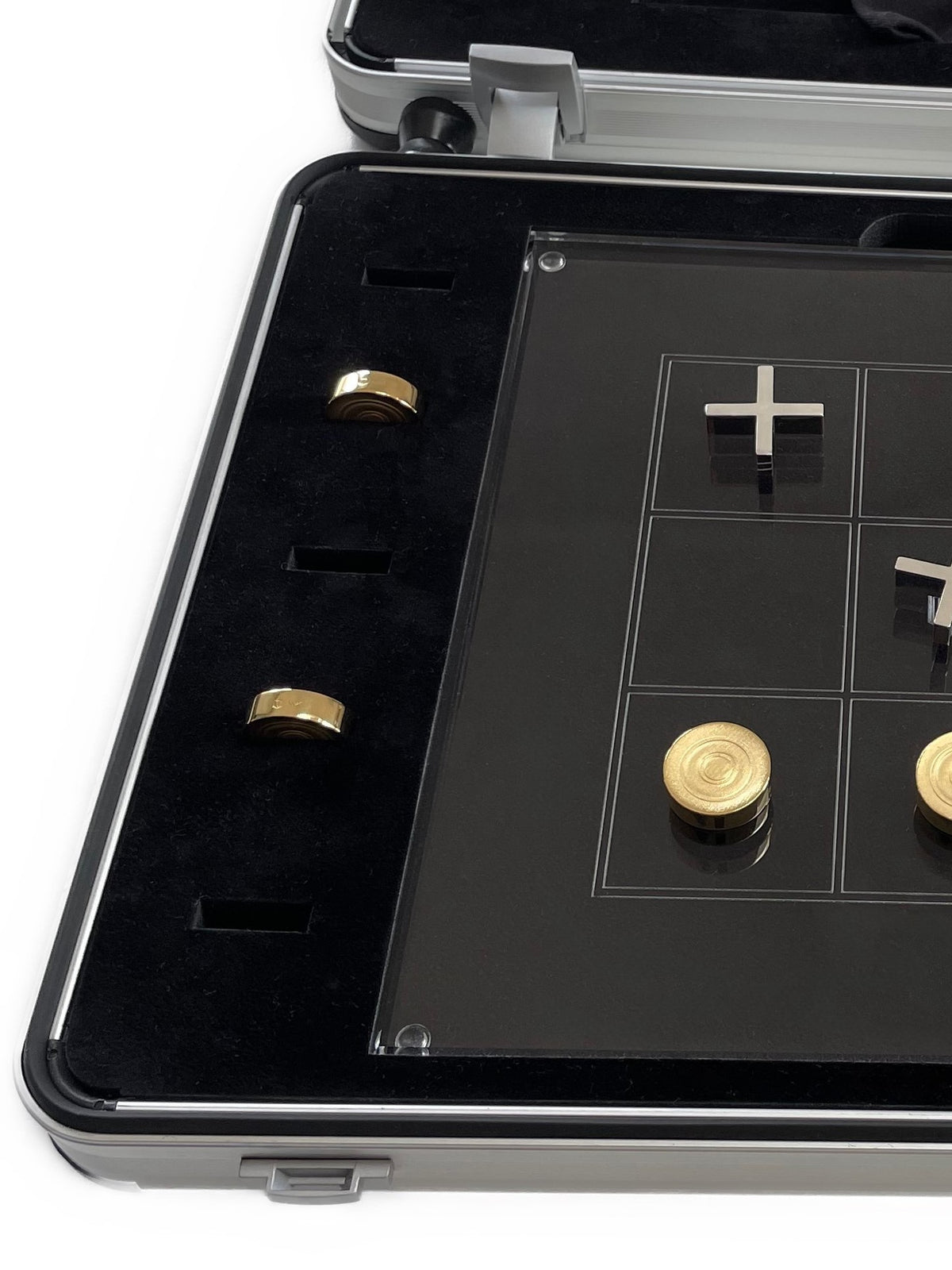 Brettspiel Tic Tac Toe  mit 10 Sterlingsilber Spielsteinen, 5 Steine 18K vergoldet