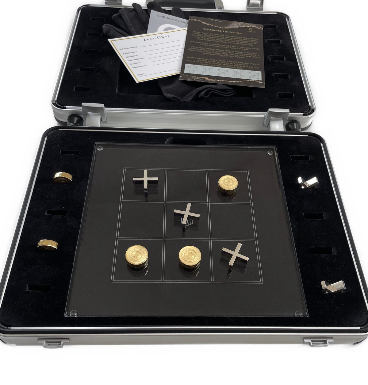 Brettspiel Tic Tac Toe  mit 10 Sterlingsilber Spielsteinen, 5 Steine 18K vergoldet