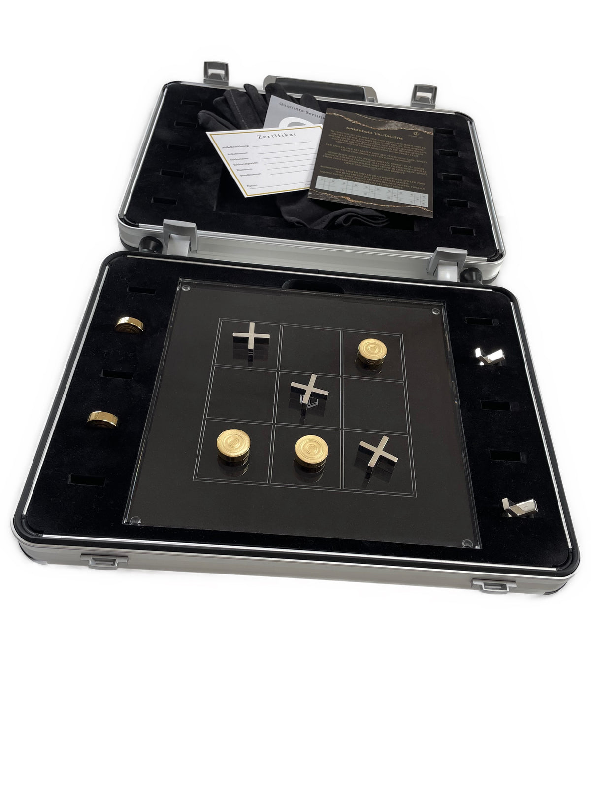 Brettspiel Tic Tac Toe  mit 10 Sterlingsilber Spielsteinen, 5 Steine 18K vergoldet